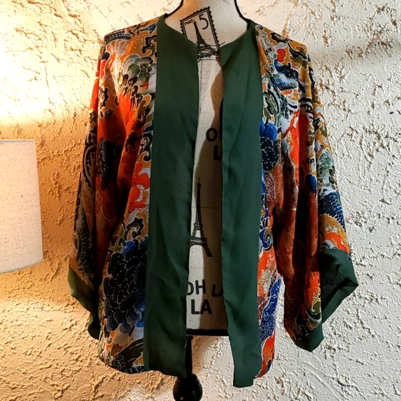 Kimono Green Panel Open Front Cardigan Coat Lounge Spa Tunic Top Boho Kawaii Art - Picture 1 of 5